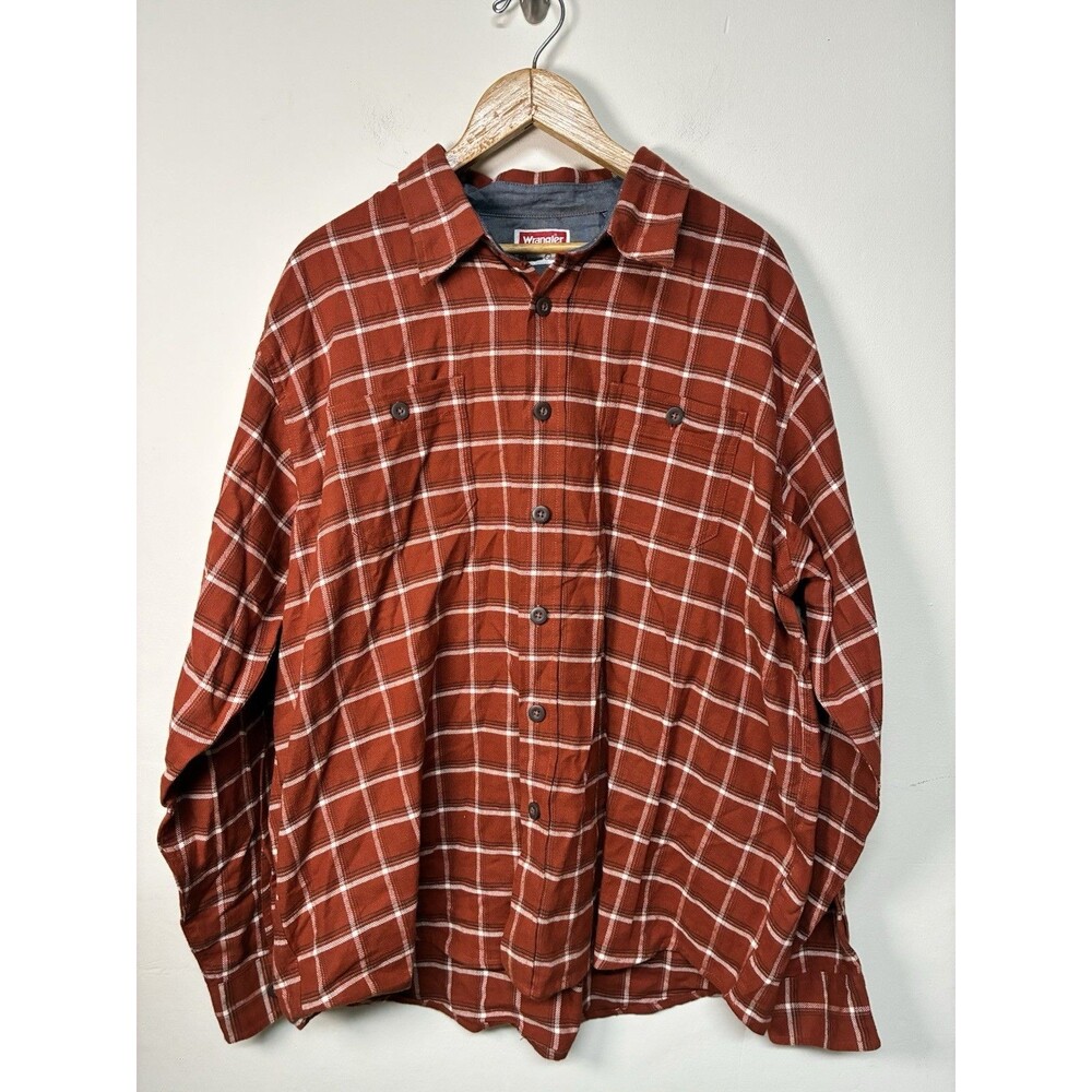Wrangler Mens XL Rust Orange Plaid Flannel Button Down Shirt Western Rustic